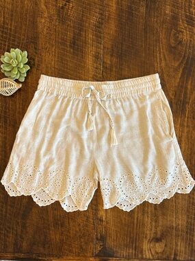 Palm Rio | Beige Linen-Blend Eyelet Shorts with Scalloped Hem, Size L